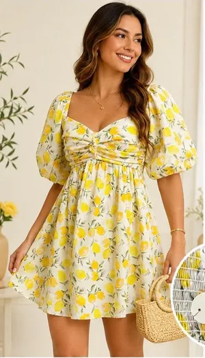 TRIXXI Los Angeles Lemon Print Puff Sleeve Mini Dress Size M NWT thumbnail 1