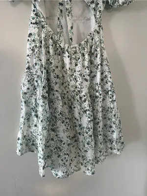 100% Cotton Green White Floral Puff Sleeve Mini Dress Small Cottagecore Romantic thumbnail 6