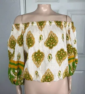 Haute Hippie Peasant Blouse L NWT Printed Boho Festival Linen Blend Off Shoulder thumbnail 1