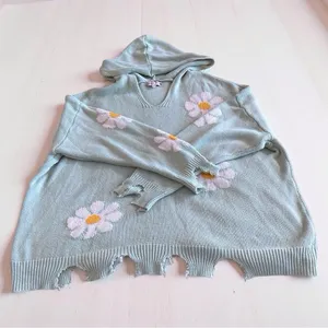 Hazel Moon Daisy Distressed Cropped Hoodie Sweater 3X Mint Green thumbnail 12