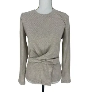 Tanya Taylor Kelsey Rib Knit Twist Front Long Sleeve Top‎ Beige M thumbnail 4