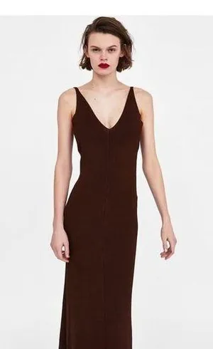Nwt ZARA | S | Dress Knitwear Collection Long Double V-neck Slip Choc Brown thumbnail 1