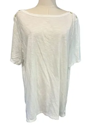 Talbots Plus 1X White Slub Knit Boat Neck Button Shoulder Top Cotton Modal thumbnail 1
