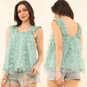 XL Blue Velvet NWT Floral Ruffle Green Top thumbnail 2