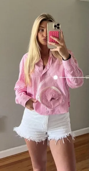 Gap × Loveshackfancy Baby Pink‎ 100% Organic Cotton Cropped Shirt Casual Easter thumbnail 1