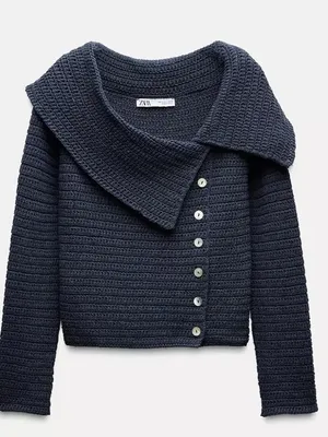 Zara Asymmetric Cropped Knit Sweater Off Shoulder Medium Grey Blue thumbnail 6
