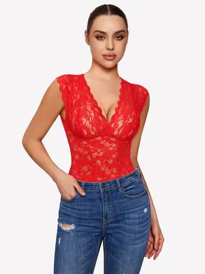 $59 NWT AvidLove Lace Bodysuits V Neck Snap Crotch Teddy in red XL thumbnail 3