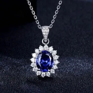 18K White Gold Plated Diamond Blue Gemstone Sapphire Pendant Necklace for Women thumbnail 1