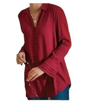 Soft Surroundings Burgundy Poet Blouse w/ Ruffled Cuffs Size L Style 2AT59 thumbnail 1