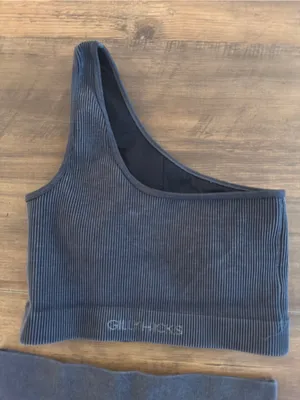 One-Shoulder Ribbed Sports Bra & High-Waist Ribbed Shorts Set - Grey thumbnail 2