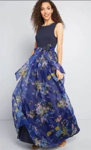 ModCloth Navy Blue Sleeveless Maxi Dress with Floral Organza Overlay and Waist S thumbnail 1