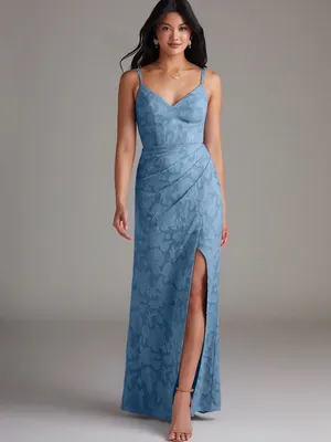Azazie Leo Blue Lace V-Neck Evening Dress with Side Slit thumbnail 4