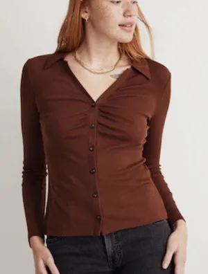 Madewell Brown Rib Ruched Polo Button Up‎ Top thumbnail 1