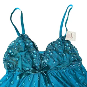 NOS Spree Intimates Plus Size Teal Sheer Sequin Lace Lingerie Mini Slip Dress thumbnail 2