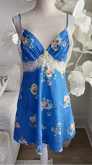 Altar’d State Blue Floral Sleeveless Lace-Trim Mini Dress thumbnail 1