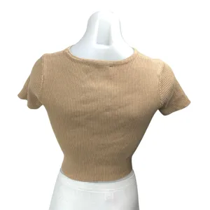 Cider Womens Brown Tan Rib Knit Cutout Short Sleeve High Neck Crop Sweater Top S thumbnail 2