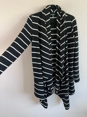 Lauren Ralph‎ Lauren Women's Open Front Waterfall Terry Cardigan Striped Black thumbnail 3