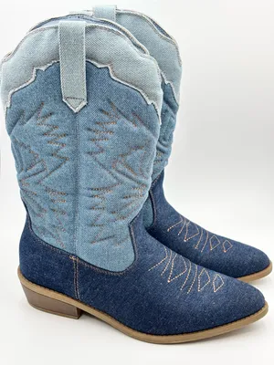 C. Est 1946 Denim Two-Tone Cowboy Heeled Boots Blue Wide Calf Size 7 thumbnail 1