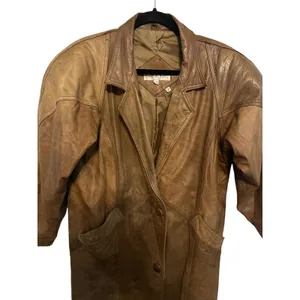 Women's Leather Trench Coat Laurice Vintage 80-90s Brown Pads Size Small Korea thumbnail 3