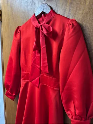Ivy City Co. Pippa Long Sleeve Tie Bow Neck Knee Length Dress Satin Red XXS NEW thumbnail 7