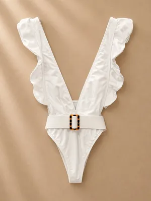 Unbranded Women Swimsuit Small White Ruffle Deep V-Neck Belted One Piece thumbnail 1