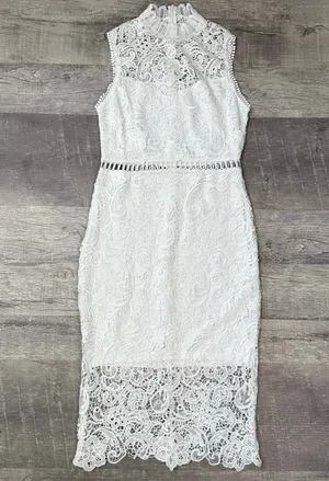 Main Strip White Crochet Lace Overlay Midi Dress M Sleeveless High Neck Bridal thumbnail 1
