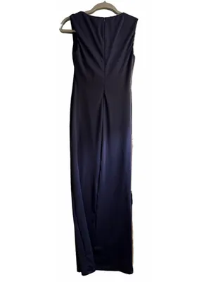 NEW Navy Blue Drape Neck Formal Stretch Maxi Dress S thumbnail 2