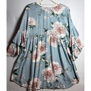 Umgee Floral Babydoll Tunic Top Blue Pink Ruffle Bell Sleeve Boho L thumbnail 4