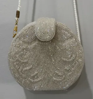 vintage white beaded‎ round Shape Structured purse Gold Hardware Formal Fancy thumbnail 1