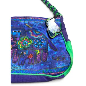 Laurel Burch Shoulder Bag Cats Dogs Purple Green Canvas Art Purse Vintage thumbnail 10