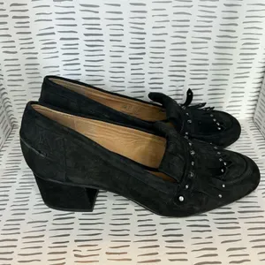 Franco Sarto Womens Black Suede Studded‎ Kiltie Loafer Block Heels Size 8.5M thumbnail 4