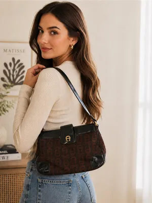 Vintage Etienne Aigner‎ Brown Black Monogram Shoulder Bag Y2K Baguette Purse thumbnail 2