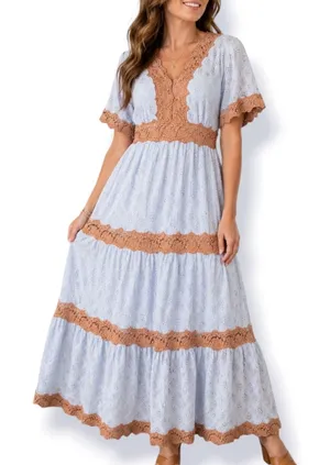 Davi & Dani Blue Lace Trim Tiered Maxi Dress Cottagecore Boho Dress Romantic thumbnail 1
