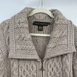inis crafts merino 100% wool Sweater L Tan Long Full Zip Cable Knit Ireland Boho thumbnail 2
