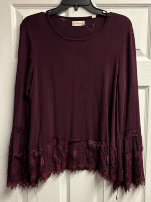 NWOT Altar’d State Maroon Blouse W/ Bell Sleeves & Lace Detail Size Large thumbnail 1