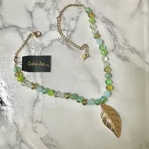 Cookie Lee green glass bead crystal leaf pendant necklace thumbnail 3