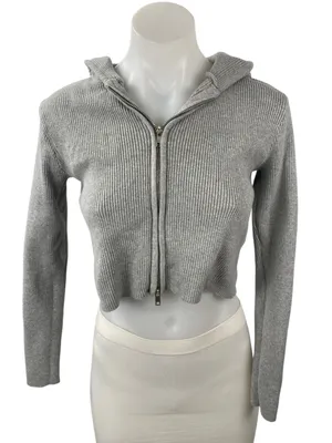 Brandy Melville Women's Gray Ribbed Knit Full Zip Crop Hoodie Sweatshirt Top S thumbnail 1