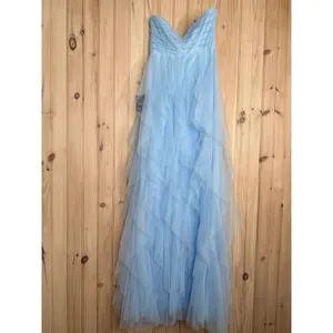 NWT Lulus Delightful Beauty Blue Mesh Strapless Ruched Ruffled Maxi Dress Sz M thumbnail 5