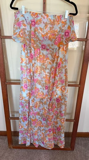 Dokotoo Women’s Pink & Orange Floral Strapless Maxi Dress Sundress – Size Medium thumbnail 1