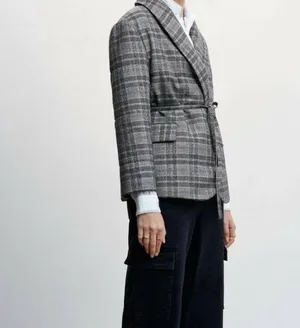 Mango Grey Checked Structured Quilted Jacket - Size M-L thumbnail 6