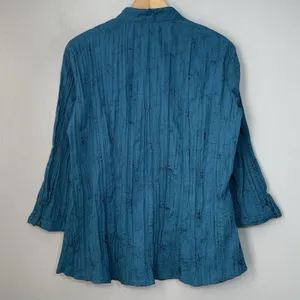 St. John's Bay Teal Eyelet Blouse Size Large Crinkle Empire Waist Embroidered Top Cottage Y2K thumbnail 5
