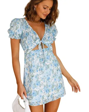 Hello Molly Picnic Loving Mini Dress Women M Blue Floral Smocked Cutout Coquette thumbnail 1