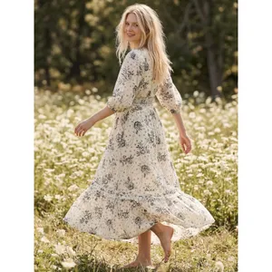 Free People Bohemian Billowy Ethereal Floral Golden Hour Maxi Dress Ivory Large thumbnail 5