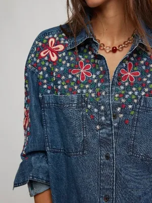 FREE PEOPLE NWT Rainbow Embroidered Denim Shirt / Rinse Wash thumbnail 1