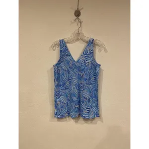 Lilly Pulitzer Florin Tank Top Womens XXS Blue Floral Linen V Neck Sleeveless thumbnail 4