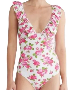 Betsey Johnson One Piece Ruffle Floral Swimsuit Padded Love Always Size XL NWT thumbnail 1