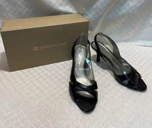 Naturalizer Women’s Penelope Black Leather Open Toe Heels Sandal Sz 7.5 thumbnail 1
