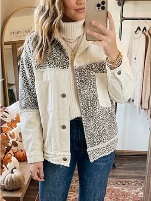 Oli & Hali Leopard Colorblock Oversized Denim Jacket Medium thumbnail 1
