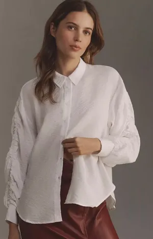 Anthropologie Ruched Sleeve Smocked Cuff Button Down Shirt Women Medium White thumbnail 1