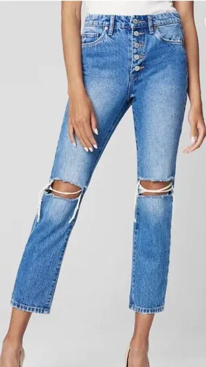 BlankNYC Denim Jeans Button Fly Crop High Rise Blue Distressed Women’s 24 Ripped thumbnail 2